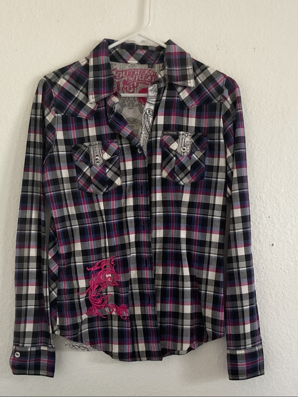 Woman’s Plaid Button-Up Shirt in Black, White & Pink